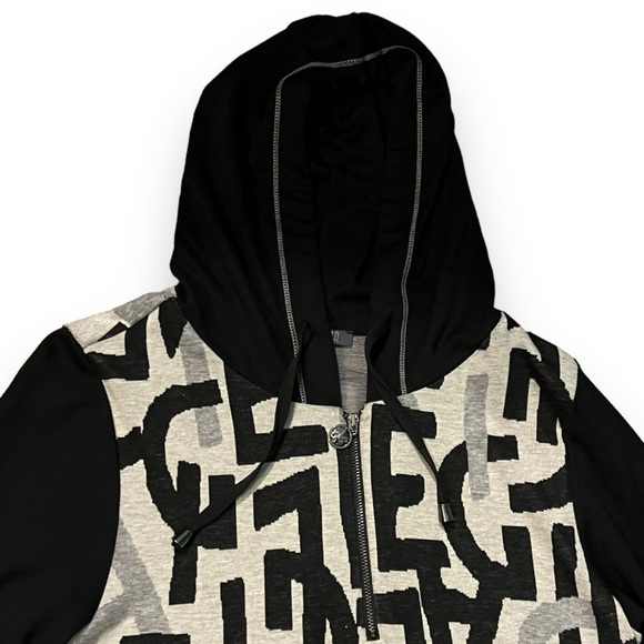 Dolcezza Swing Dress Hooded Artsy Graphic Print Lagenlook Stretch Knit Pockets S - Picture 3 of 7